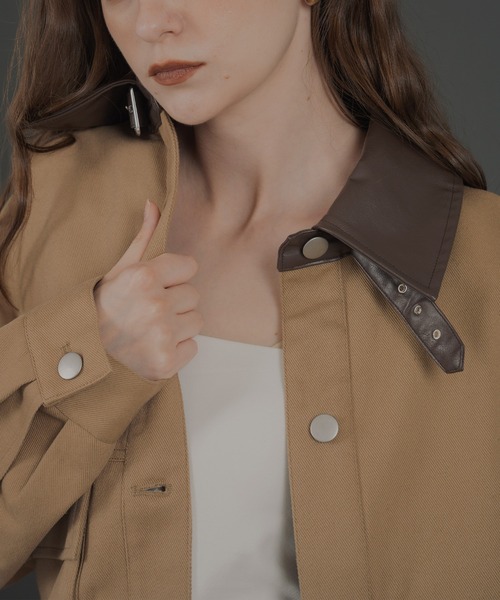 Mili affinity（ミリアフィニティー）の「フェイクレザー切り替えバイカラーワークジャケット（ブルゾン・レディース・ブラック/ベージュ/ブラウン・FREE）」の10枚目の写真