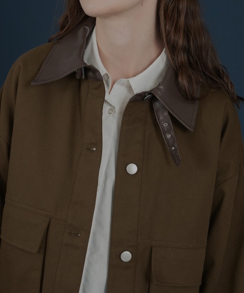 フェイクレザー切り替えバイカラーワークジャケット（ブルゾン）｜Mili