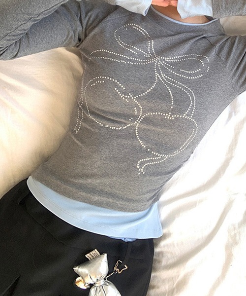 Lace Ladies(レースレディース)の「チェリー柄 ラインストーン レイヤード風 長袖 カットソー(Tシャツ/カットソー・レディース・グレー・S)」の4枚目の写真
