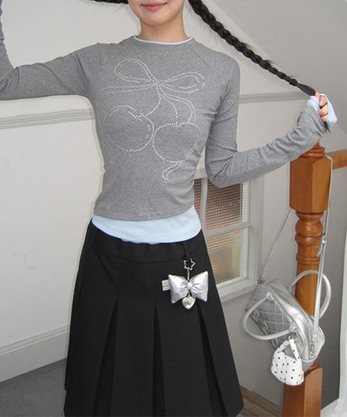 Lace Ladies(レースレディース)の「チェリー柄 ラインストーン レイヤード風 長袖 カットソー(Tシャツ/カットソー・レディース・グレー・S)」の6枚目の写真
