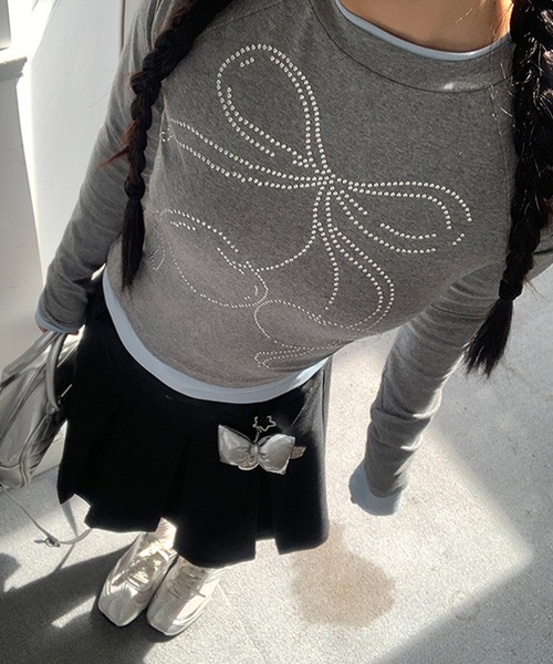 Lace Ladies(レースレディース)の「チェリー柄 ラインストーン レイヤード風 長袖 カットソー(Tシャツ/カットソー・レディース・グレー・S)」の7枚目の写真