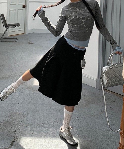 Lace Ladies(レースレディース)の「チェリー柄 ラインストーン レイヤード風 長袖 カットソー(Tシャツ/カットソー・レディース・グレー・S)」の8枚目の写真