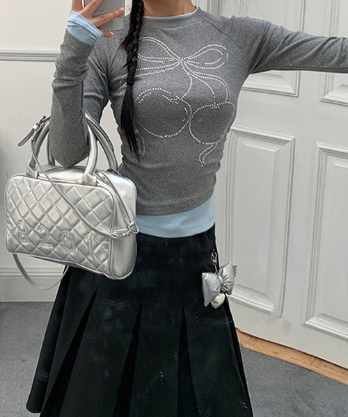 Lace Ladies(レースレディース)の「チェリー柄 ラインストーン レイヤード風 長袖 カットソー(Tシャツ/カットソー・レディース・グレー・S)」の9枚目の写真