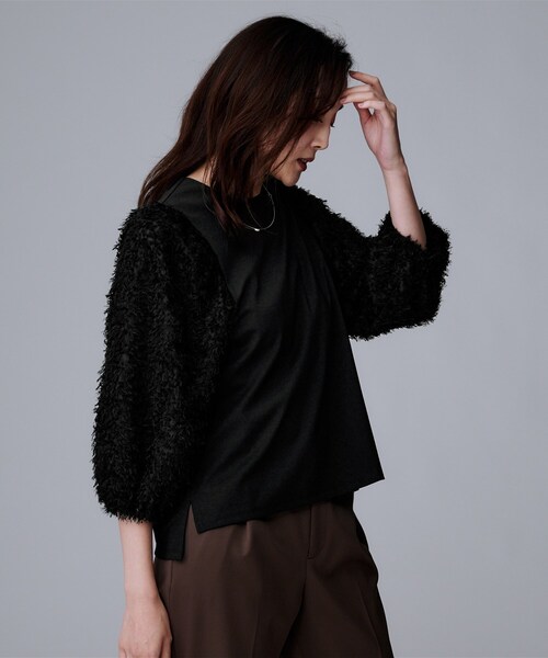 UNTITLED(アンタイトル)の「【丸首/Tシャツ風/短丈】シャギースリーブ ポンチカットソー(Tシャツ/カットソー・レディース・オフホワイト/ブラック・04/02/00/48/44)」の9枚目の写真