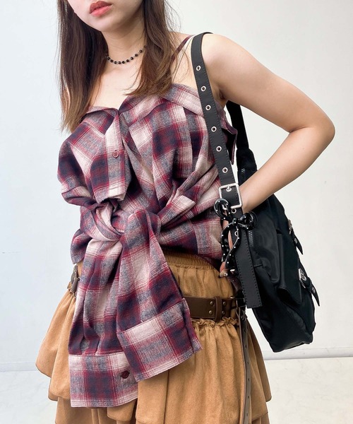 AS KNOW AS plus(アズノゥアズプラス)の「♪アレンジ可能2WAY オンブレチェック ダブルポケットシャツ(シャツ/ブラウス・レディース・アイボリー系/ブラック系/レッド系・FREE)」の6枚目の写真