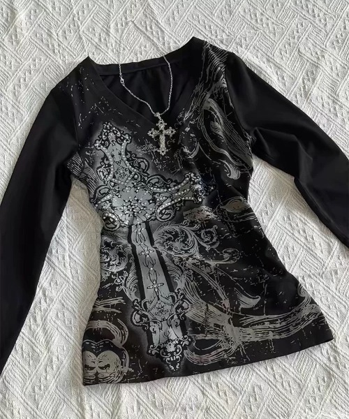 NOVESSEL（ノベセル）の「『NOVESSEL/ノベセル』クロスプリントパンクロンT【Y】【CN】（Tシャツ/カットソー・レディース・ブラック・M）」の2枚目の写真