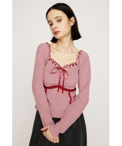 SLY（スライ）の「PLAID RIBBON CUT TOPS プレイド リボン カット トップス 秋服 冬服（Tシャツ/カットソー・レディース・ブラック系その他2/レッド系その他/ベージュ系その他・FREE）」の16枚目の写真