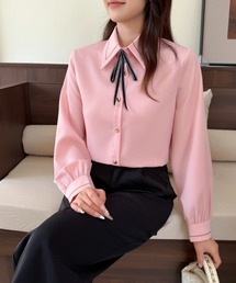 Beststore（ベストストア）の「リボン 付き ボウタイ シャツ ブラウス 長袖 ステッチ デザイン（シャツ/ブラウス）」