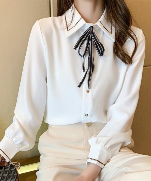 セール】リボン 付き ボウタイ シャツ ブラウス 長袖 ステッチ