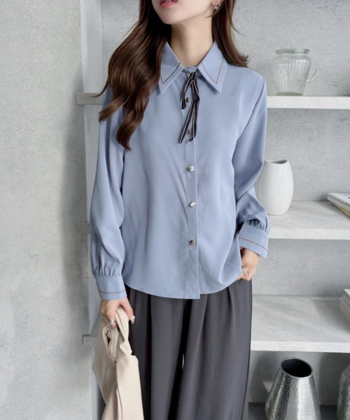 セール】リボン 付き ボウタイ シャツ ブラウス 長袖 ステッチ