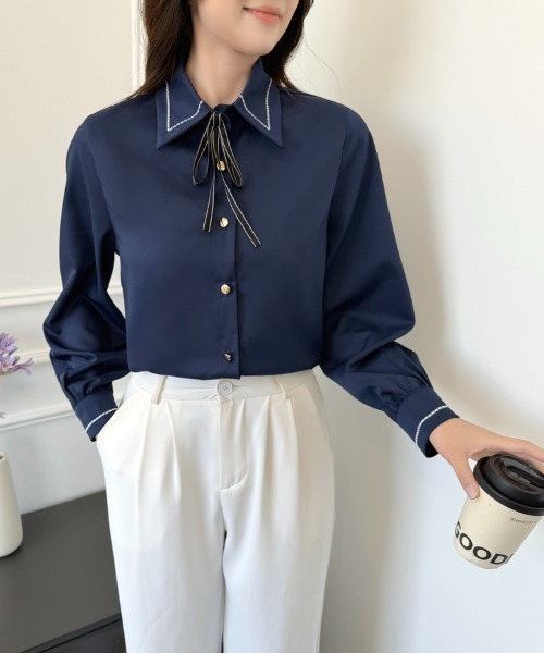 セール】リボン 付き ボウタイ シャツ ブラウス 長袖 ステッチ