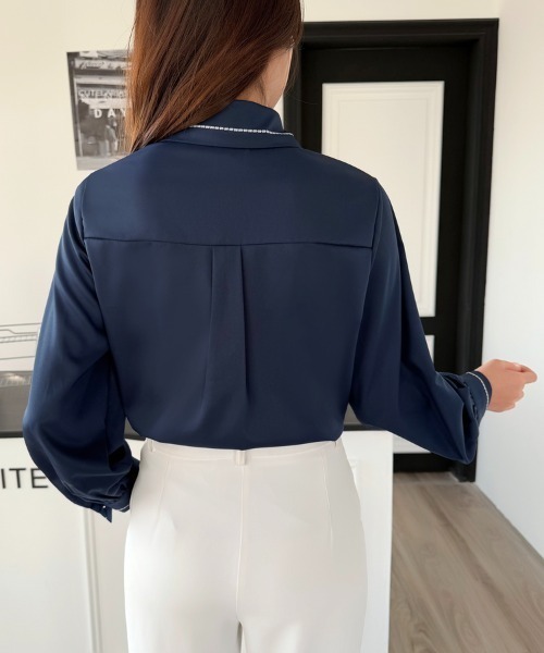 セール】リボン 付き ボウタイ シャツ ブラウス 長袖 ステッチ