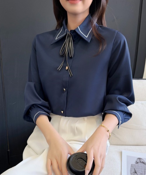 セール】リボン 付き ボウタイ シャツ ブラウス 長袖 ステッチ