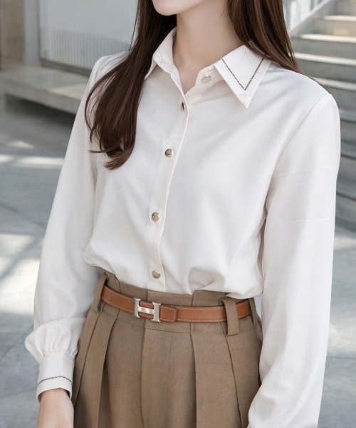 セール】リボン 付き ボウタイ シャツ ブラウス 長袖 ステッチ