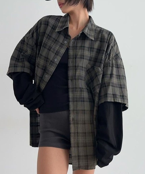 ASCLO（エジュクロ）の「【UNISEX】ASCLO／レイヤードチェックシャツ（シャツ/ブラウス・メンズ・ブラック/カーキ・FREE）」の2枚目の写真