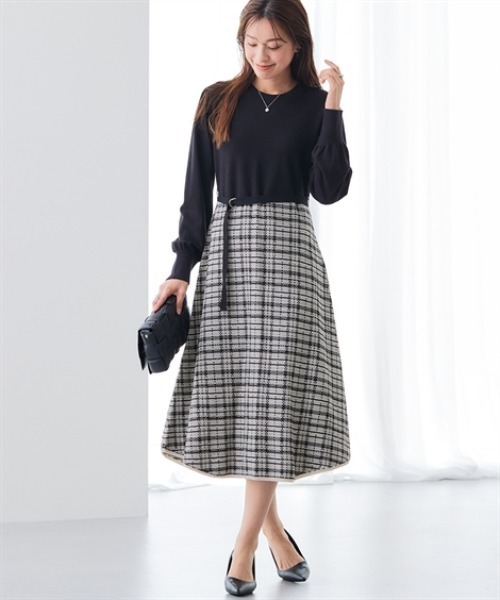 7days Life Styling(セブンデイズライフスタイリング)の「【静電防止】チェック柄ドッキングニットワンピース(ワンピース・レディース・アイボリー系/ブラック系・M/L/LL/3L/4L/S)」の1枚目の写真