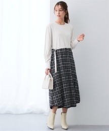 【静電防止】チェック柄ドッキングニットワンピース