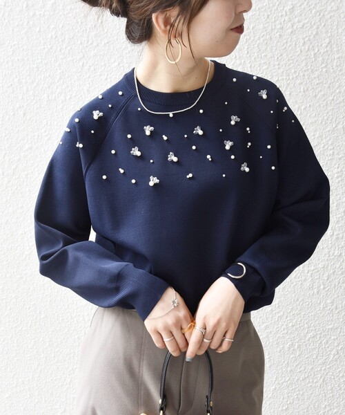 セール】SHIPS any:〈手洗い可能〉パールモチーフ ビジュー クルー