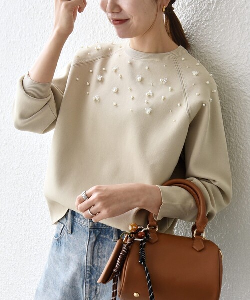 セール】SHIPS any:〈手洗い可能〉パールモチーフ ビジュー クルー