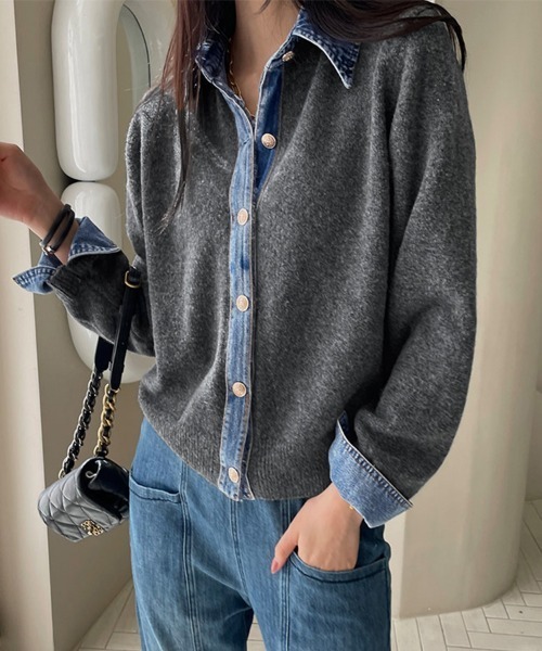 Doux Belle(ドゥーベル)の「デニム襟異素材ミックスニットトップス(ニット/セーター・レディース・ダークグレー/グレー/ライトグレー/ブラウン/ネイビー・FREE)」の3枚目の写真