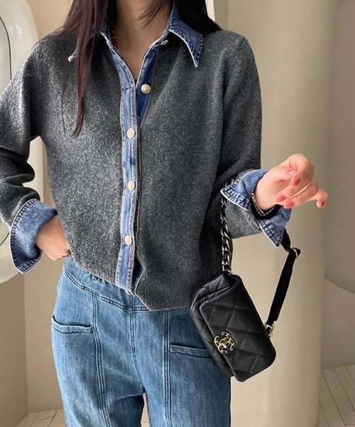 Doux Belle(ドゥーベル)の「デニム襟異素材ミックスニットトップス(ニット/セーター・レディース・ダークグレー/グレー/ライトグレー/ブラウン/ネイビー・FREE)」の14枚目の写真