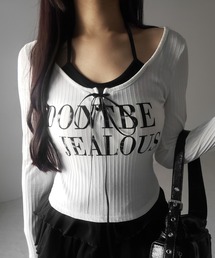 me+em select（ミームセレクト）の「【 クロスネックにできる2WAY 】レースアップフェイクレイヤードロゴカットソートップス /  laceup fake layered logo cutsew tops（Tシャツ/カットソー）」