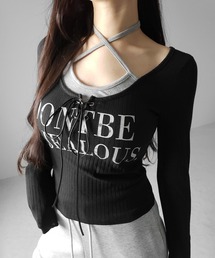 me+em select（ミームセレクト）の「【 クロスネックにできる2WAY 】レースアップフェイクレイヤードロゴカットソートップス /  laceup fake layered logo cutsew tops（Tシャツ/カットソー）」