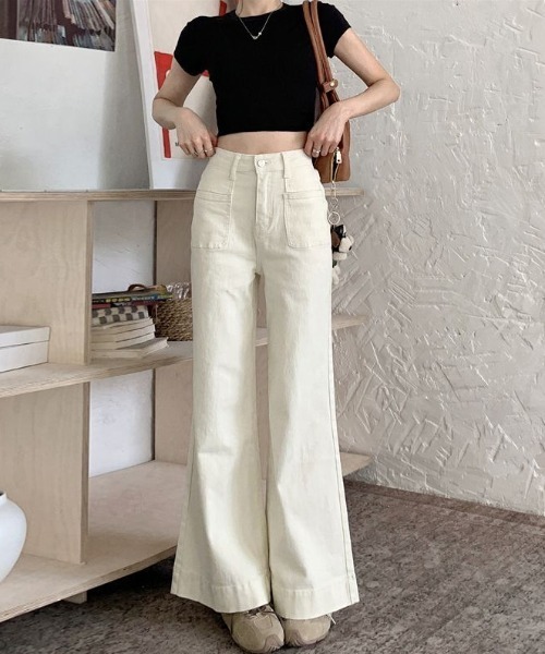 セール】【2026春夏新作】ポケットデザイン ハイウエストワイドフレア