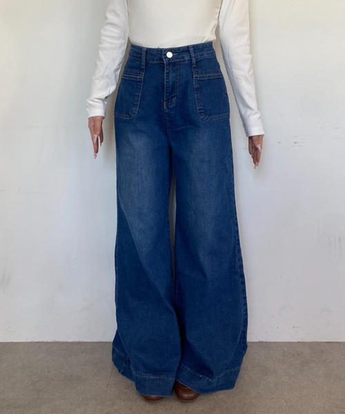Mejoul（メジュール）の「【2026春夏新作】ポケットデザイン ハイウエストワイドフレアデニムパンツ（デニムパンツ・レディース・ネイビー/ホワイト・M/L）」の11枚目の写真