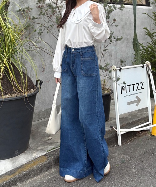 Mejoul（メジュール）の「【2026春夏新作】ポケットデザイン ハイウエストワイドフレアデニムパンツ（デニムパンツ・レディース・ネイビー/ホワイト・M/L）」の15枚目の写真