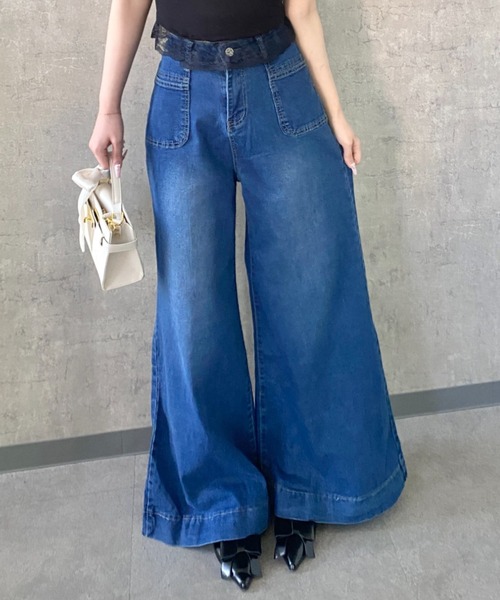 Mejoul(メジュール)の「ポケットデザイン ハイウエストワイドフレアデニムパンツ(デニムパンツ・レディース・ネイビー/ホワイト・M/L)」の18枚目の写真