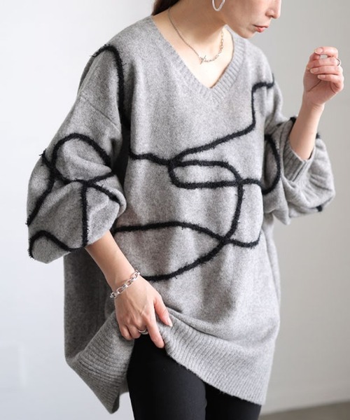 GOLDJAPAN（ゴールドジャパン）の「メランジラインVネックニットチュニック【大きいサイズ対応】（チュニック・レディース・チャコール/ブラック/杢グレー・LL～3L/4L～5L）」の3枚目の写真