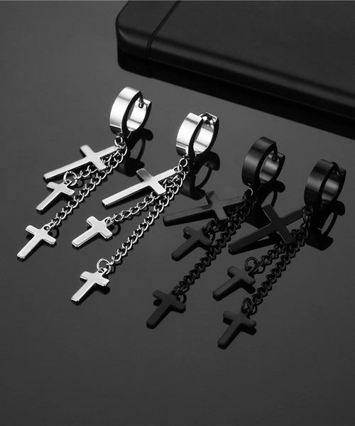 SBG（エスビー）の「SBG ドロップチェーンクロス ピアス / イヤリング  片耳（ピアス（片耳用）・メンズ・シルバー系その他/ブラック/ブラック系その他/シルバー・FREE）」の5枚目の写真
