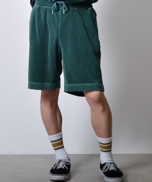 DOUBLE STEAL(ダブルスティール)の「DSピグメントパイルイージーハーフパンツ(その他パンツ・メンズ・ブラック/グレイッシュベージュ/グリーン・LARGE/MEDIUM/SMALL)」の1枚目の写真