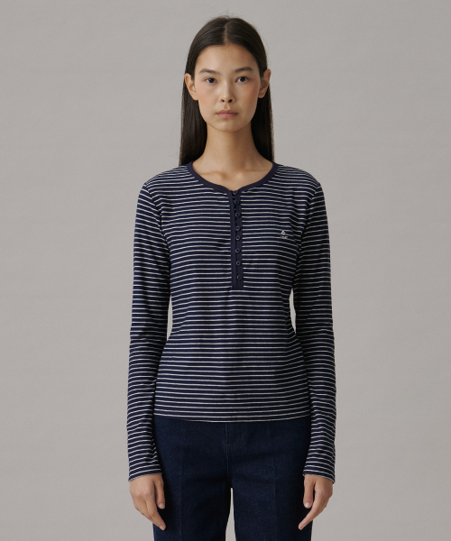 TTUDEMENT(トュードメント)の「STRIPE HENLEY T-SHIRT_NAVY(Tシャツ/カットソー・レディース・その他・S/M)」の2枚目の写真