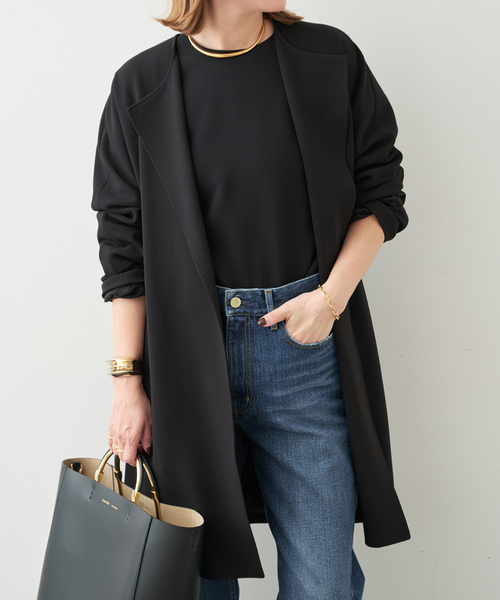 Deuxieme Classe（ドゥーズィエムクラス）の「*トリアセジョーゼット ノーカラー ハーフコート（ノーカラーコート・レディース・ブラック・FREE）」の3枚目の写真