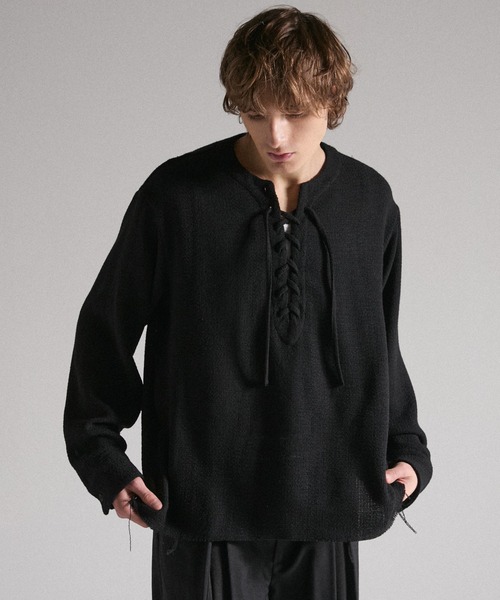 GRANCY（グランシー）の「【GRANCY】Lace-Up Light Mesh Pullover / レースアップライトメッシュプルオーバー（Tシャツ/カットソー・メンズ・ピンク/チャコールグレー/ブラック・S/L/M）」の6枚目の写真