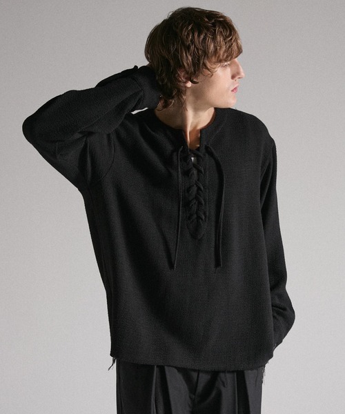 GRANCY（グランシー）の「【GRANCY】Lace-Up Light Mesh Pullover / レースアップライトメッシュプルオーバー（Tシャツ/カットソー・メンズ・ピンク/チャコールグレー/ブラック・S/L/M）」の8枚目の写真