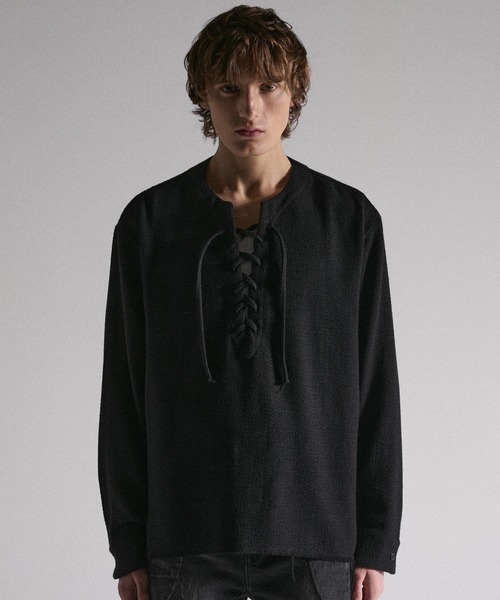 GRANCY（グランシー）の「【GRANCY】Lace-Up Light Mesh Pullover / レースアップライトメッシュプルオーバー（Tシャツ/カットソー・メンズ・ピンク/チャコールグレー/ブラック・S/L/M）」の10枚目の写真