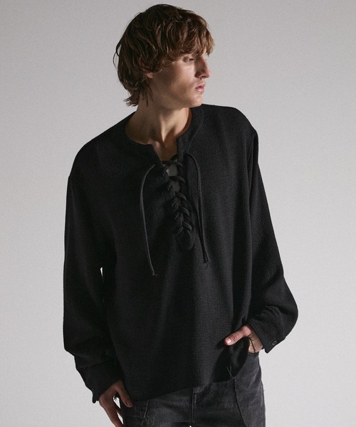 GRANCY（グランシー）の「【GRANCY】Lace-Up Light Mesh Pullover / レースアップライトメッシュプルオーバー（Tシャツ/カットソー・メンズ・ピンク/チャコールグレー/ブラック・S/L/M）」の11枚目の写真