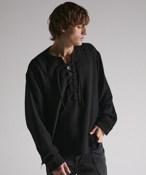 GRANCY（グランシー）の「【GRANCY】Lace-Up Light Mesh Pullover / レースアップライトメッシュプルオーバー（Tシャツ/カットソー・メンズ・ピンク/チャコールグレー/ブラック・S/L/M）」の12枚目の写真