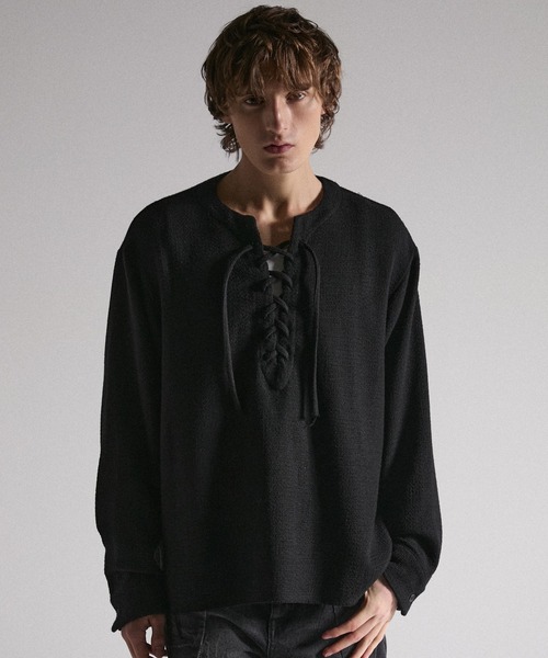GRANCY（グランシー）の「【GRANCY】Lace-Up Light Mesh Pullover / レースアップライトメッシュプルオーバー（Tシャツ/カットソー・メンズ・ピンク/チャコールグレー/ブラック・S/L/M）」の13枚目の写真