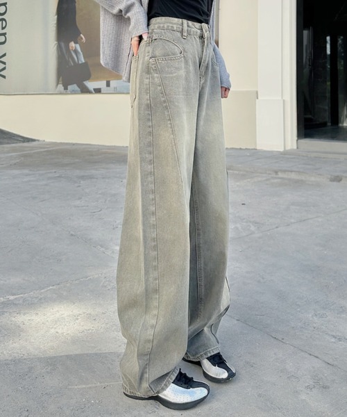 Ada.(エイダ)の「カーブデザイン ワイドパンツ(デニムパンツ・レディース・ベージュ/グレー・M/S)」の3枚目の写真