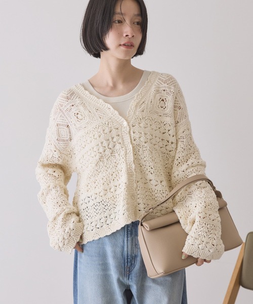 AMERICAN HOLIC（アメリカンホリック）の「【前後2WAY】レース透かし編みニットカーディガン（カーディガン/ボレロ・レディース・アイボリー/ブラック/サックスブルー・L/M）」の4枚目の写真