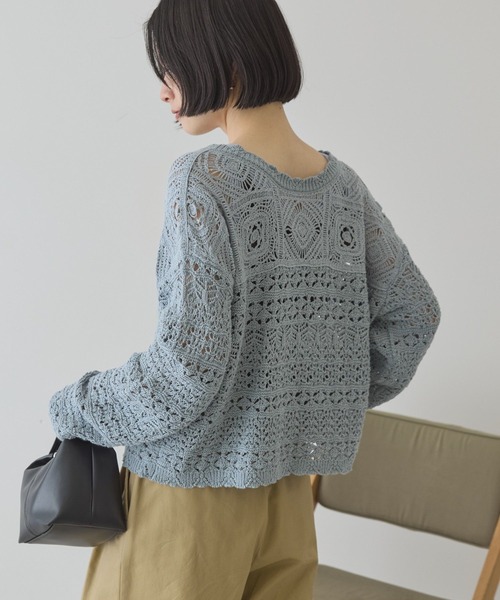 AMERICAN HOLIC（アメリカンホリック）の「【前後2WAY】レース透かし編みニットカーディガン（カーディガン/ボレロ・レディース・アイボリー/ブラック/サックスブルー・L/M）」の11枚目の写真