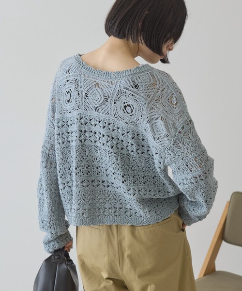 AMERICAN HOLIC（アメリカンホリック）の「【前後2WAY】レース透かし編みニットカーディガン（カーディガン/ボレロ・レディース・アイボリー/ブラック/サックスブルー・L/M）」の12枚目の写真