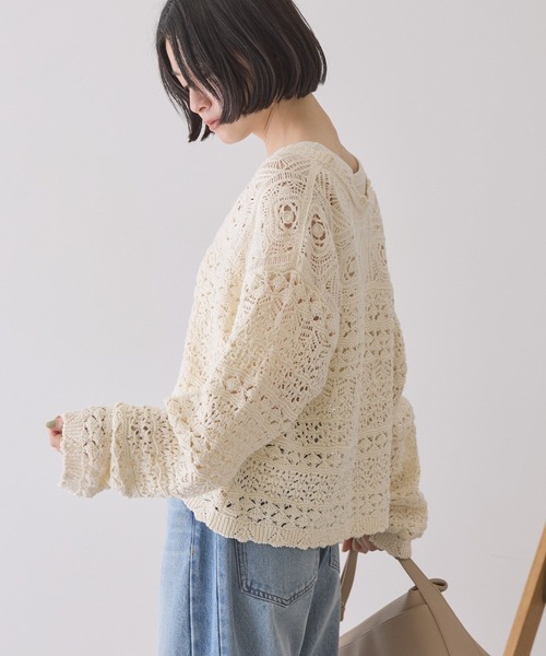 AMERICAN HOLIC（アメリカンホリック）の「【前後2WAY】レース透かし編みニットカーディガン（カーディガン/ボレロ・レディース・アイボリー/ブラック/サックスブルー・L/M）」の5枚目の写真