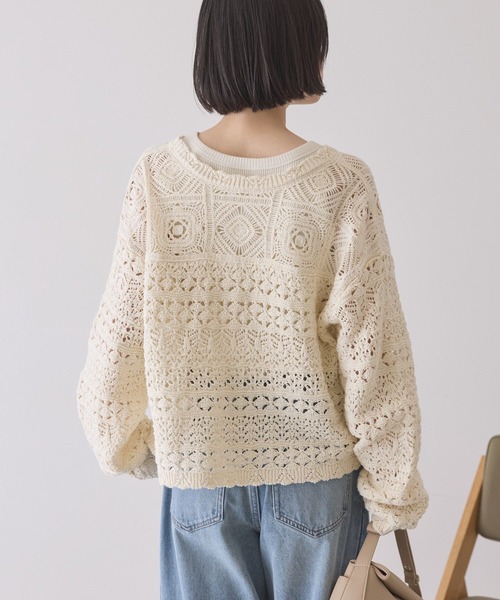 AMERICAN HOLIC（アメリカンホリック）の「【前後2WAY】レース透かし編みニットカーディガン（カーディガン/ボレロ・レディース・アイボリー/ブラック/サックスブルー・L/M）」の6枚目の写真