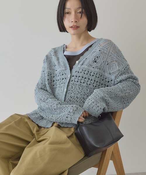 AMERICAN HOLIC（アメリカンホリック）の「【前後2WAY】レース透かし編みニットカーディガン（カーディガン/ボレロ・レディース・アイボリー/ブラック/サックスブルー・L/M）」の10枚目の写真