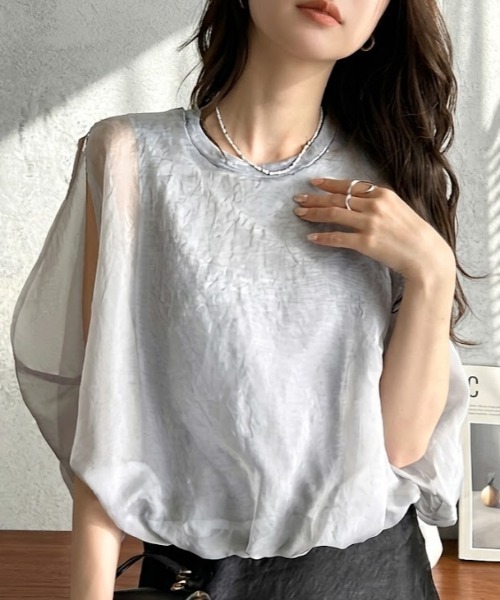 Eclat one(エクラワン)の「【Eclat one】オーガンジー ドッキング バルーンシルエット トップス(Tシャツ/カットソー・レディース・モカ/オフホワイト/グレー/ブラック・M)」の3枚目の写真